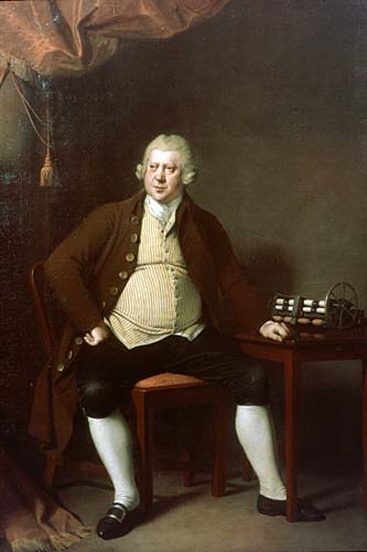 Portrait of Sir Richard Arkwright beside a modle of his waterframe