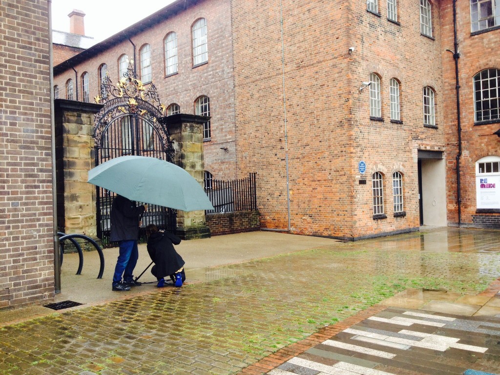 Filming in the rain on the streets of Cromford
